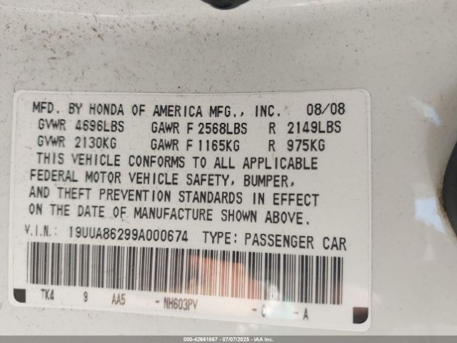 2009 ACURA TL 19UUA86299A000674 Photo 8