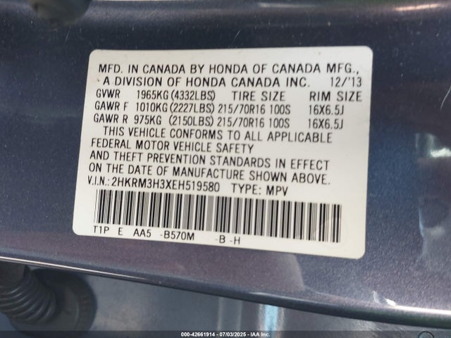 2HKRM3H3XEH519580 Honda k24z7