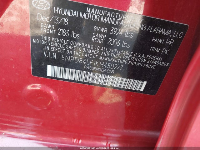 5NPD84LF1KH450277 Hyundai mpi nu