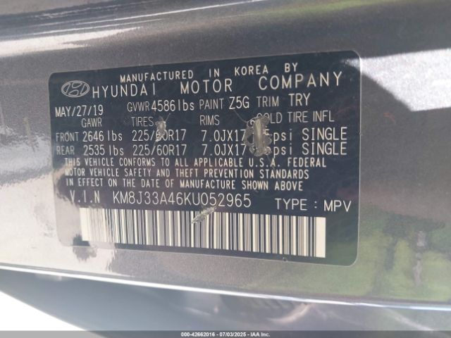 2019 HYUNDAI TUCSON KM8J33A46KU052965 Photo 8