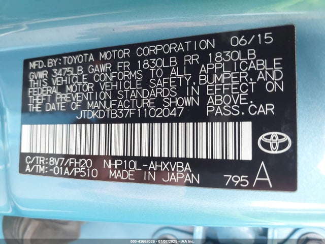 JTDKDTB37F1102047 Toyota 1nz-fxe+1lm