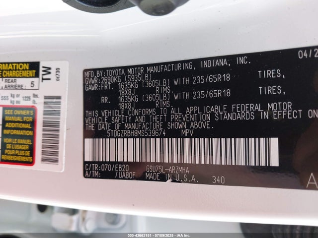 5TDGZRBH8MS539674 Toyota 2gr-fks