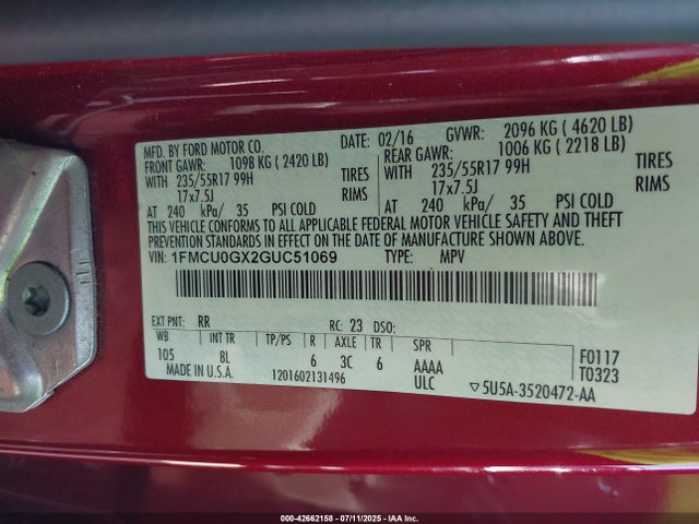 1FMCU0GX2GUC51069 Ford 2016