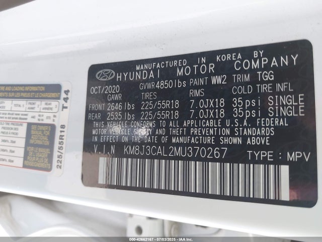 KM8J3CAL2MU370267 Hyundai gdi theta ii