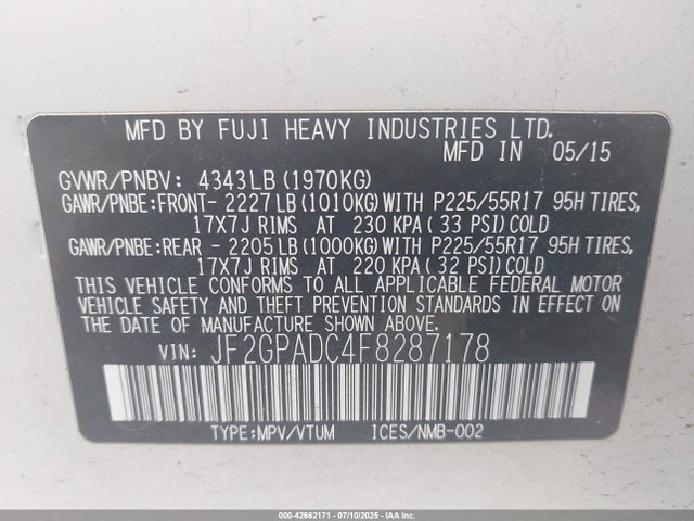 Subaru 2.0l naturally aapirated 2015 JF2GPADC4F8287178 Image 9