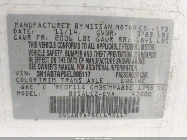 3N1AB7AP8EL695117 Nissan 2014