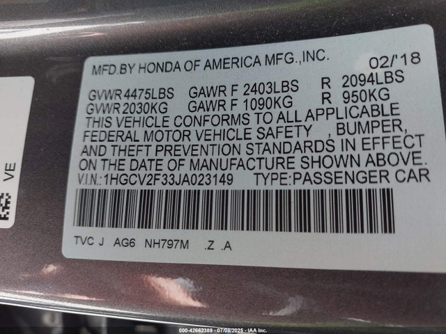 1HGCV2F33JA023149 Honda k20c4