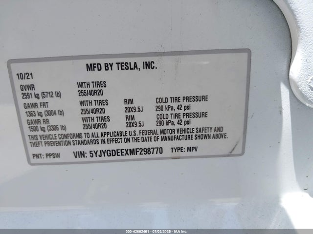 5YJYGDEEXMF298770 Tesla 2021