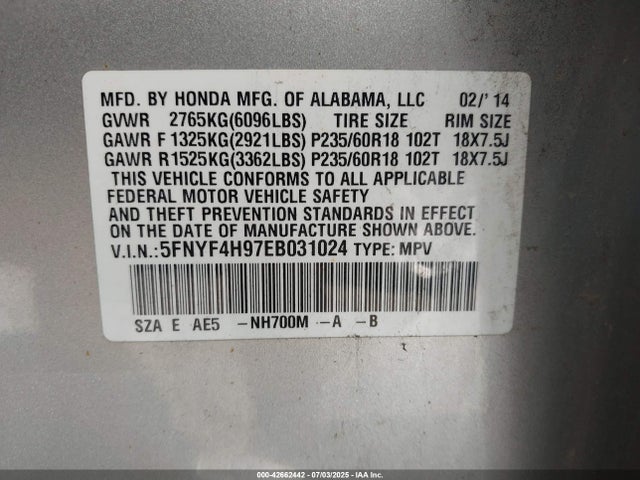 5FNYF4H97EB031024 Honda j35z4
