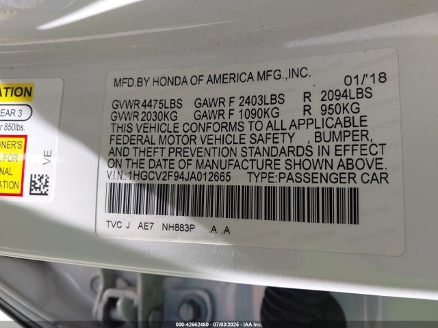 1HGCV2F94JA012665 Honda k20c4