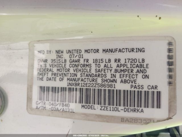 2002 TOYOTA COROLLA 1NXBR12E22Z586981 Photo 8