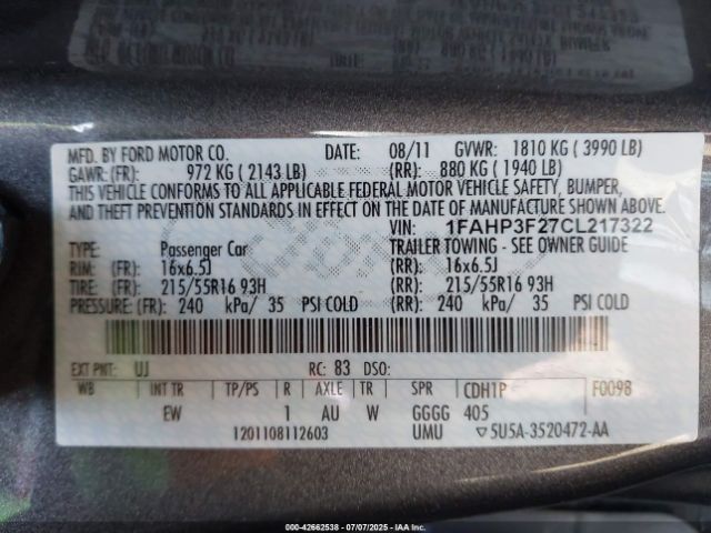 2012 FORD FOCUS 1FAHP3F27CL217322 Photo 8
