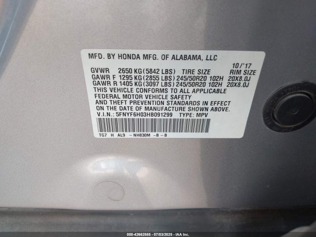 Honda j35y6 2017 5FNYF6H03HB091299 Image 9