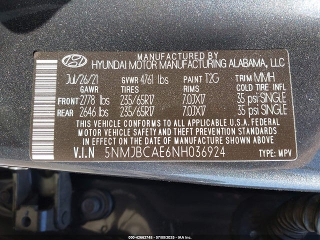 5NMJBCAE6NH036924 Hyundai gdi theta iii