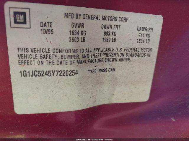 2000 CHEVROLET CAVALIER 1G1JC5245Y7220254 Photo 8