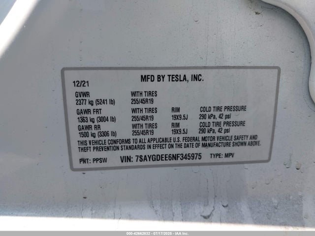 7SAYGDEE6NF345975 Tesla Model Y
