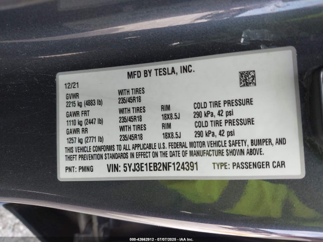 2022 TESLA MODEL 3 5YJ3E1EB2NF124391 Photo 8