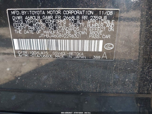 Aukcja sprzedaży 2009 Lexus Es 350, vin: JTHBJ46G892298301, numer aukcji: 42662927