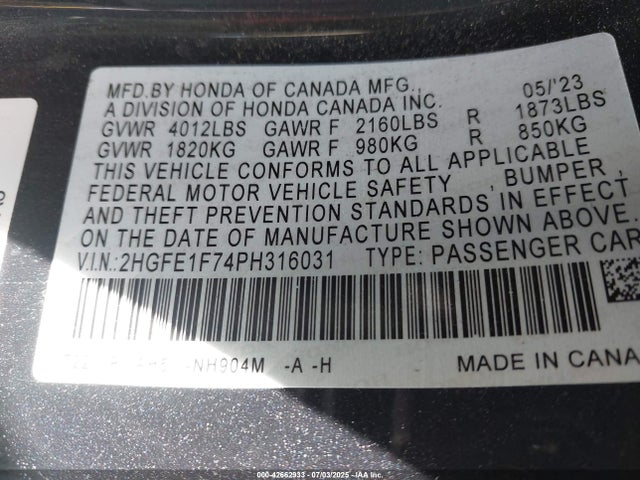 Honda l15b7 2023 2HGFE1F74PH316031 Image 9
