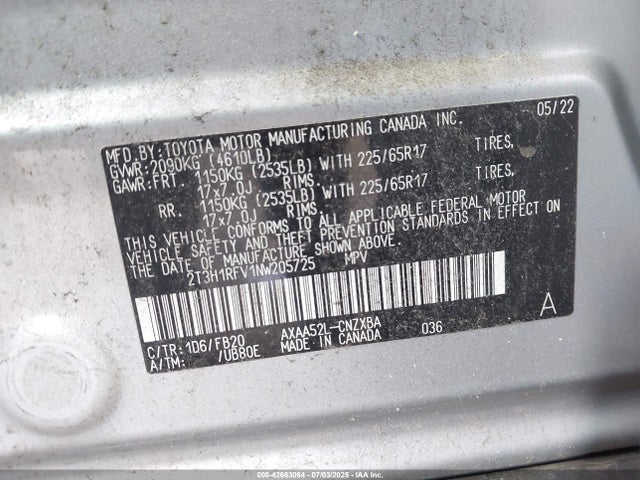 2T3H1RFV1NW205725 Toyota a25a-fks