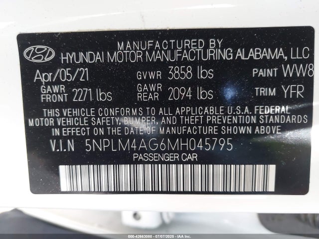 5NPLM4AG6MH045795 Hyundai mpi nu pe