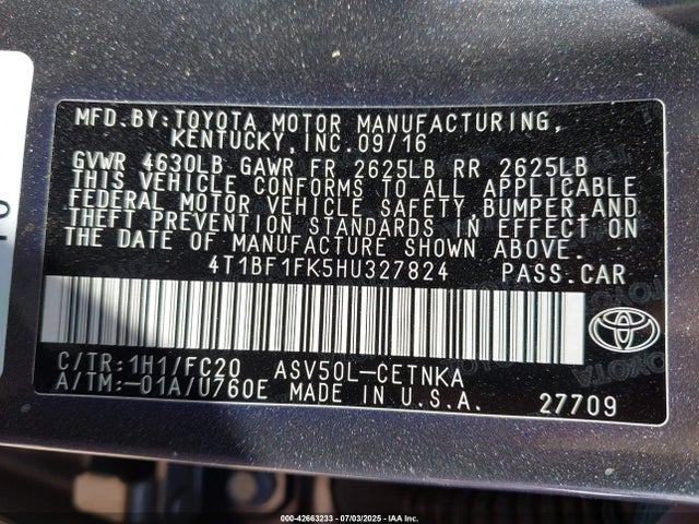 Toyota 2ar-fe 2017 4T1BF1FK5HU327824 Image 9