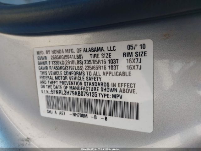 2010 HONDA ODYSSEY 5FNRL3H79AB079155 Photo 8