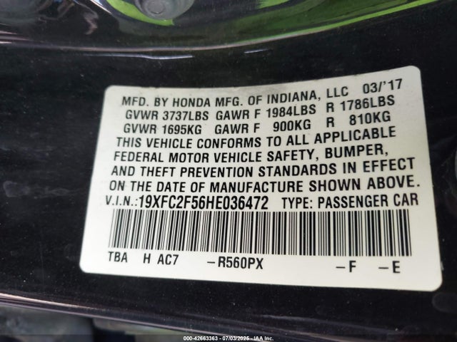 Honda k20c2 2017 19XFC2F56HE036472 Image 9