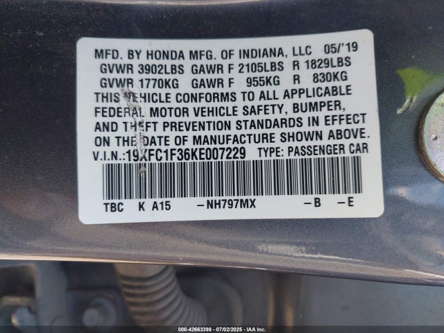 19XFC1F36KE007229 Honda l15b7/l15by
