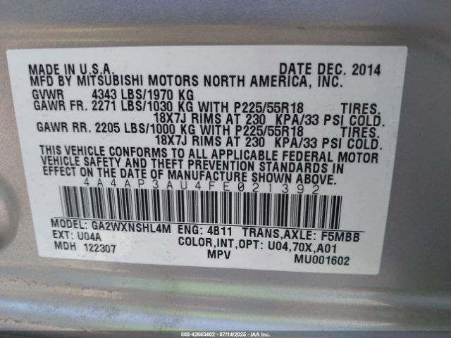 2015 MITSUBISHI OUTLANDER SPORT 4A4AP3AU4FE021392 Photo 8