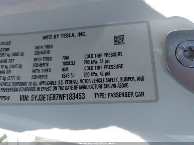2022 TESLA MODEL 3 5YJ3E1EB7NF183453 Photo 8