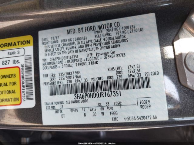 2018 FORD FUSION 3FA6P0HD0JR167351 Photo 8