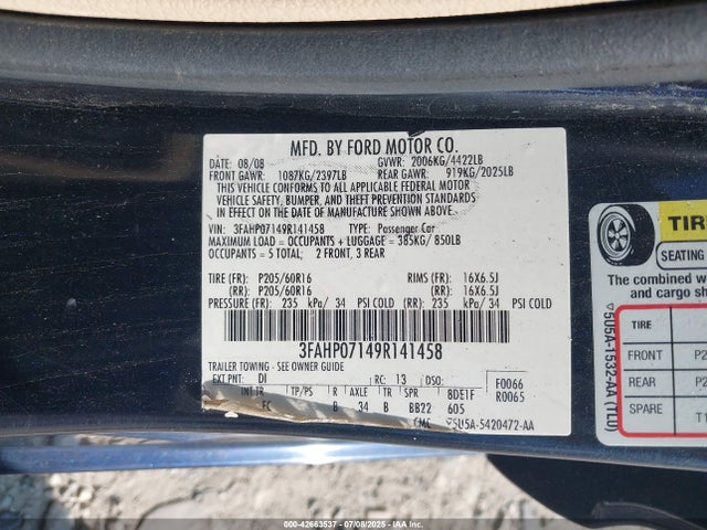Aukcja sprzedaży 2009 Ford Fusion Se, vin: 3FAHP07149R141458, numer aukcji: 42663537