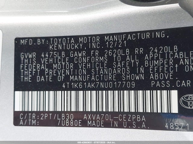 4T1K61AK7NU017709 Toyota a25a-fks