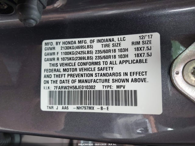 7FARW2H58JE010302 Honda l15be