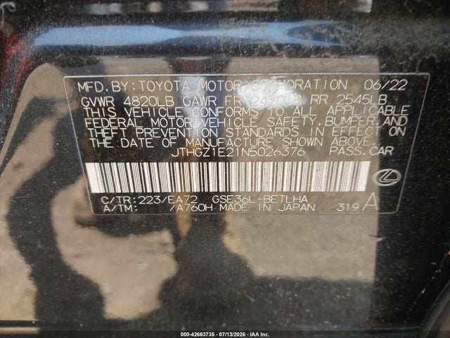 42663735 :رقم المزاد ، JTHGZ1E21N5026376 vin ، 2022 Lexus Is 350 F Sport مزاد بيع