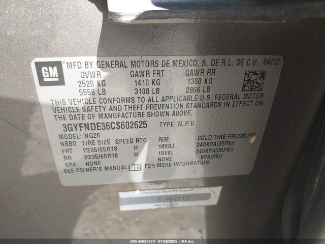 2012 CADILLAC SRX 3GYFNDE36CS602625 Photo 8