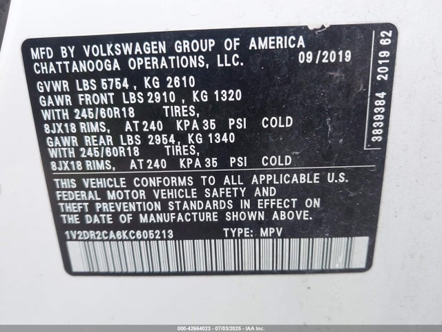 Volkswagen Atlas 2019 1V2DR2CA6KC605213 Image 9