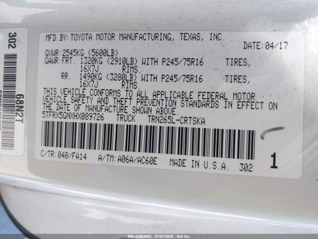 5TFRX5GNXHX089726 Toyota 2tr-fe