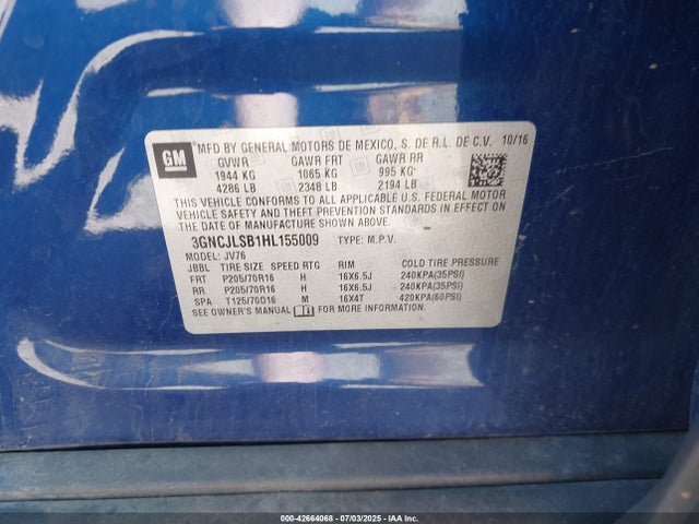 3GNCJLSB1HL155009 Chevrolet luv - mfi, vvt: variable valve timing, e85 max, alum