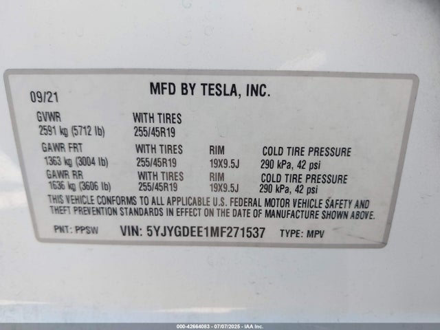 5YJYGDEE1MF271537 Tesla 2021