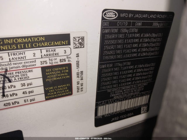 Aukcja sprzedaży 2019 Land Rover Range Rover Sport Se, vin: SALWG2RV9KA847508, numer aukcji: 42664126