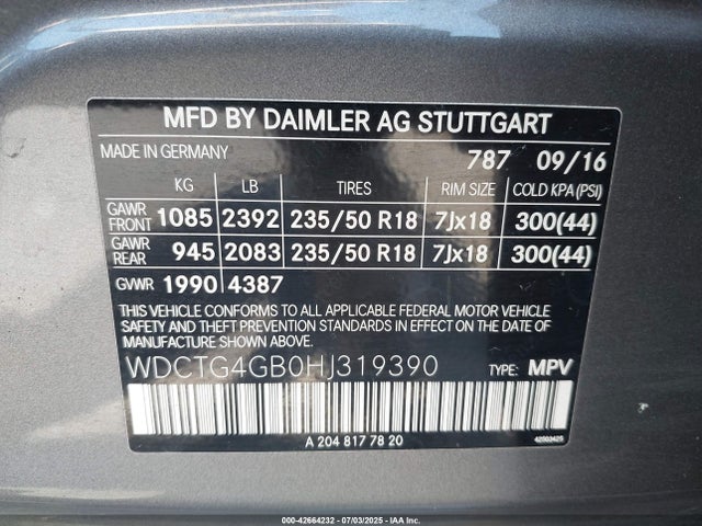 WDCTG4GB0HJ319390 Mercedes-Benz 270