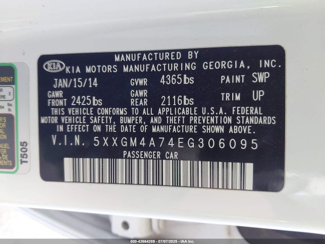 5XXGM4A74EG306095 KIA dohc gdi theta ii