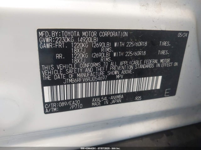 JTMB6RFV6RJ054697 Toyota a25a-fxs