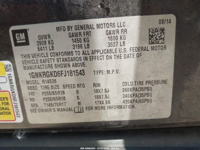2015 CHEVROLET TRAVERSE 1GNKRGKD6FJ181543 Photo 8