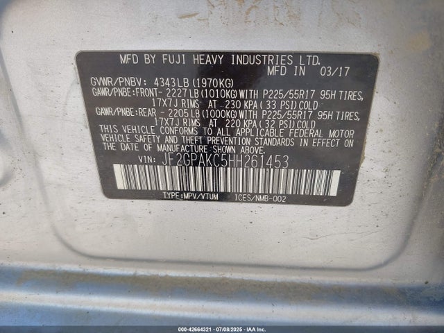 Subaru naturally aspirated 2017 JF2GPAKC5HH261453 Image 9