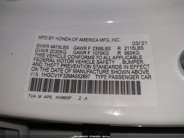 1HGCV1F32MA052897 Honda l15be