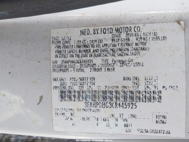 42664342 :رقم المزاد ، 3FAHP0HG3CR445925 vin ، 2012 Ford Fusion Se مزاد بيع