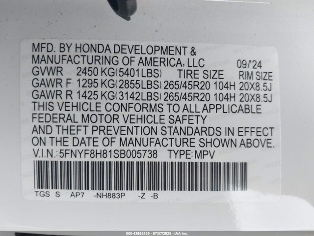 5FNYF8H81SB005738 Honda j35y6